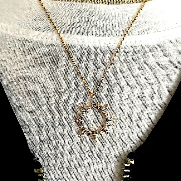 Delicate Gold Plated With Cubic Zirconia Pave Sun Necklace - NEW - Picture 2 of 6